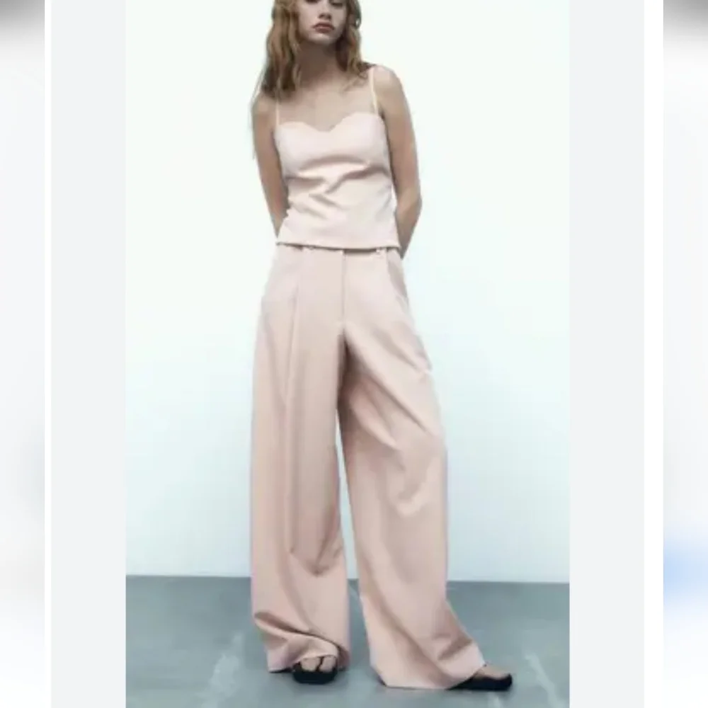 Zara 2 Pc Set Wide Leg Pants & Bustier Corset Top Beige Pink Size S